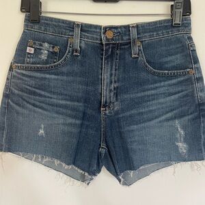 Ag Adriano Goldschmied high rise Blue Jean Shorts with Distressed Details